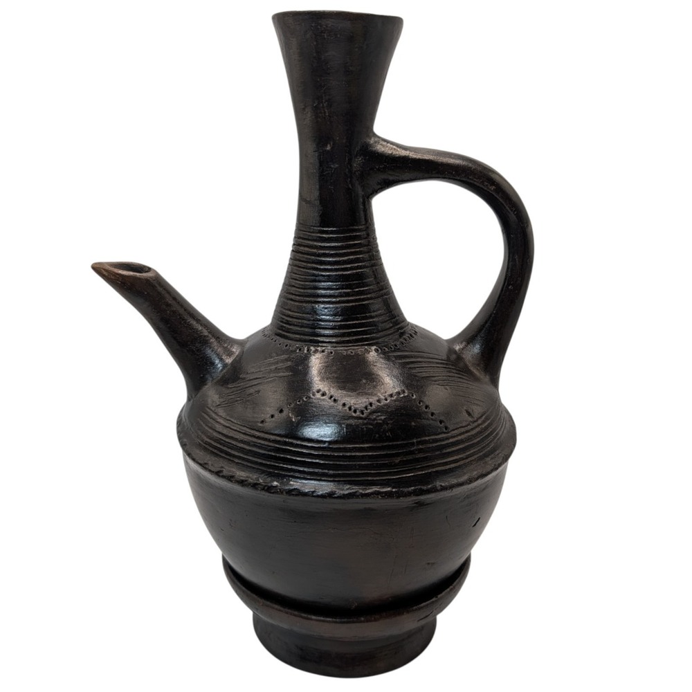 Vintage Ethiopian Jebena Pot Handmade with Stand Black Clay Coffee Pot Two Piece